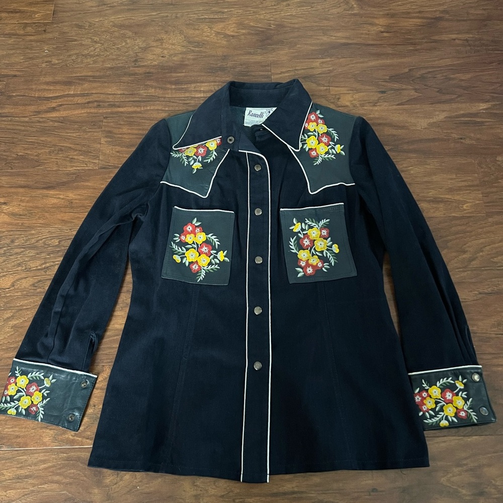 Vintage 1970s Roncelli leather and suede hand painted shirt